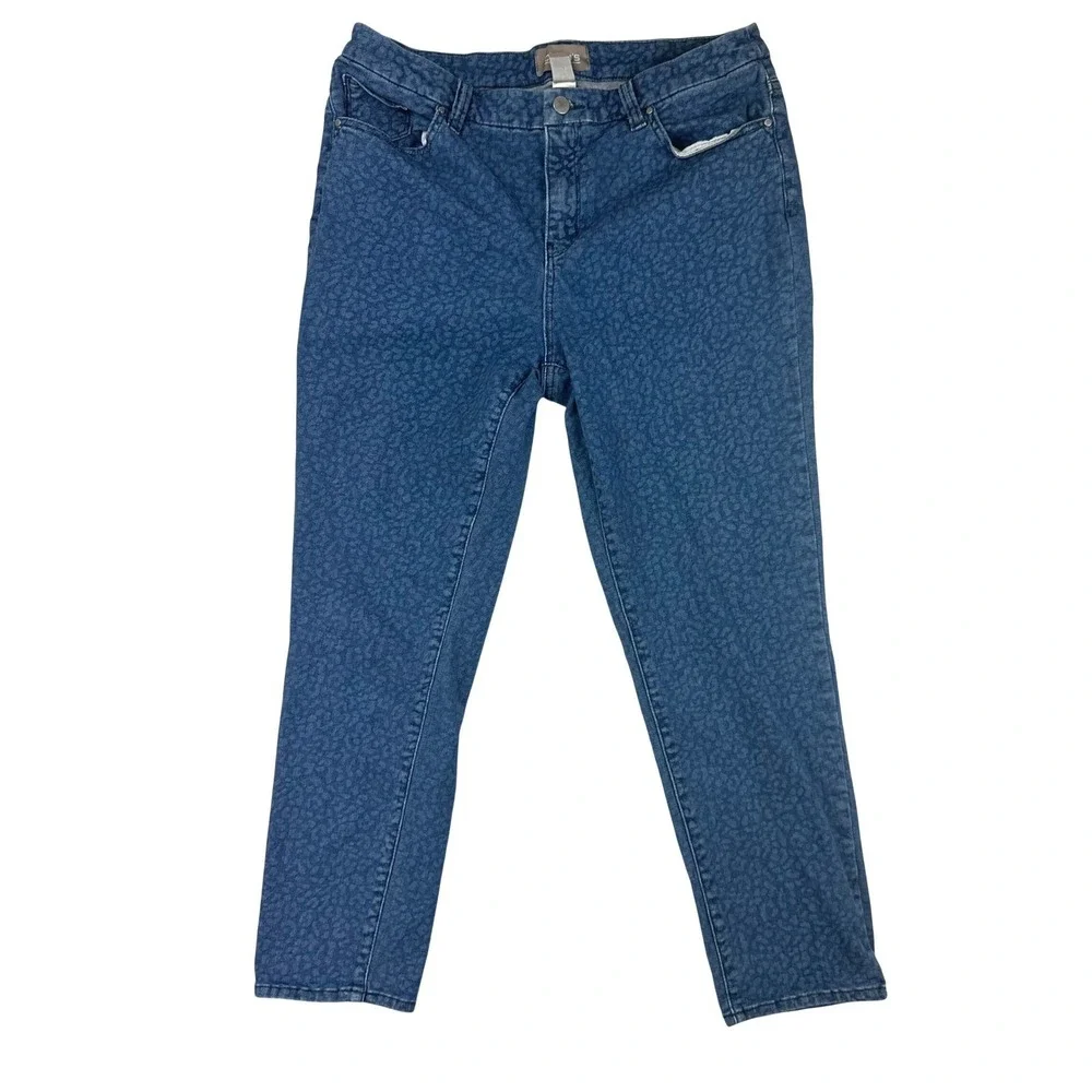 Chico's Jeans Womens 1.5 Regular Slim 10 Blue Leopard Print‎ Denim Cotton Blend